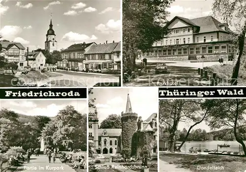 AK / Ansichtskarte Friedrichroda Kirche Parkhotel Kurpark Schloss Reinhardsbrunn Gondelteich  Kat. Friedrichroda