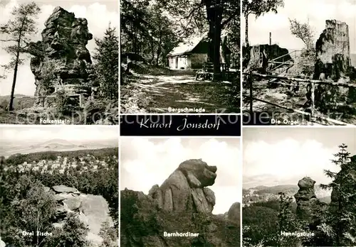 AK / Ansichtskarte Jonsdorf Bergschmiede Falkenstein Orgel Drei Tische Bernhardiner Hennigsaeule Kat. Kurort Jonsdorf