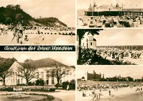 AK / Ansichtskarte Insel Usedom Koelpinsee Strand Heringsdorf Kulturhaus Ahlbeck Seebruecke 