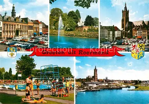 AK / Ansichtskarte Roermond Stadtpanorama mit Kirche Fontaene Gebaeude Freibad Kat. Roermond