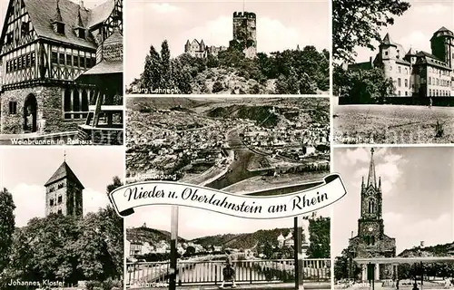 AK / Ansichtskarte Niederlahnstein Weinbrunnen im Rathaus Burg Lahneck Martinsburg Johannes Kloster Lahnbruecke Ev Kirche Lahnmuendung Kat. Lahnstein