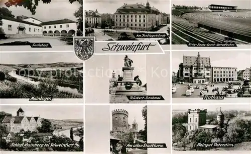 AK / Ansichtskarte Schweinfurt Sachsbad Justizgebaeude Willy Sachs Kampfbahn Mainbogen Rueckert Denkmal Rathaus Schloss Mainberg Stadtturm Weingut Peterstirn Kat. Schweinfurt