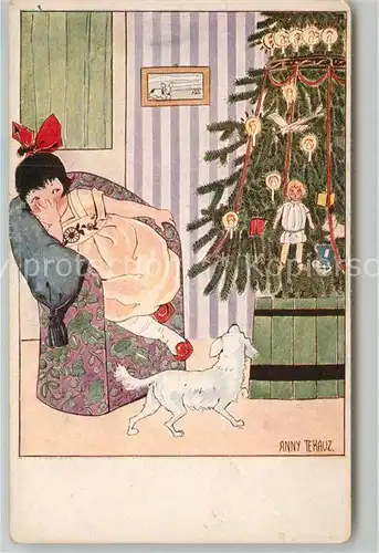 AK / Ansichtskarte Kuenstlerkarte Anny Tekauz Kind Hund Weihnachtsbaum Puppe  Kat. Kuenstlerkarte