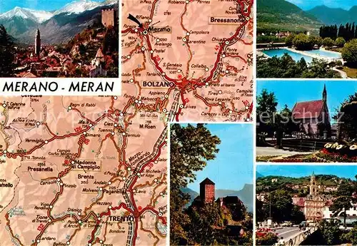 AK / Ansichtskarte Meran Merano Carta Automobilistica Strassenkarte Teilansichten Kirche Schloss Tirol Freibad