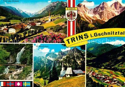 AK / Ansichtskarte Trins Innsbruck Gesamtansicht mit Alpenpanorama Stubaier Tribulaungruppe Olperer St Magdalena Wasserfall Kat. Trins