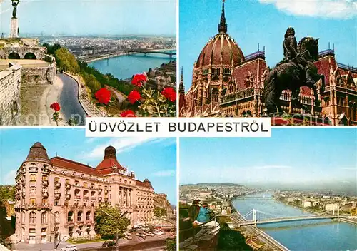 AK / Ansichtskarte Budapest Stadtpanorama Blick ueber die Donau Hotel Gellert Fischerbastei Reiterstandbild Denkmal Kat. Budapest