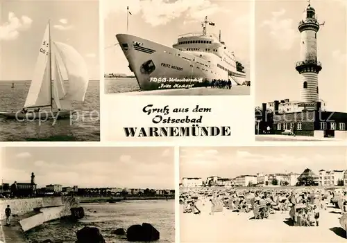 AK / Ansichtskarte Warnemuende Ostseebad Leuchtturm Segelschiff Teilansicht Badestrand Kat. Rostock