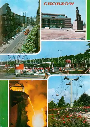 AK / Ansichtskarte Chorzow Strassenbahn Denkmal Hochofen Jahrmarkt Kat. Koenigshuette Oberschlesien