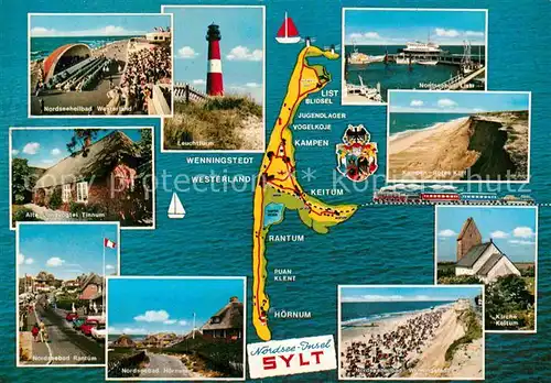 AK / Ansichtskarte Insel Sylt Landkarte Teilansichten Hafen Leuchtturm Strand Kirche Kat. Westerland