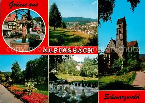 AK / Ansichtskarte Alpirsbach Brunnen Panorama Kirche Kurpark Gartenschach Kat. Alpirsbach