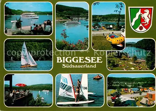 AK / Ansichtskarte Biggesee Teilansichten Restaurant Strand Camping Fahrgastschiffe Kat. Olsberg