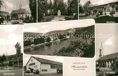 AK / Ansichtskarte Hassmersheim Schulhaus Katholische Kirche Schiffsmast Sporthalle Evangelische Kirche Kat. Hassmersheim