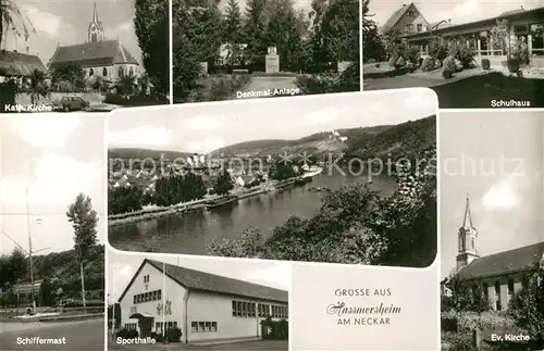 AK / Ansichtskarte Hassmersheim Denkmal Anlage Katholische und Evangelische Kirche Sporthalle  Kat. Hassmersheim