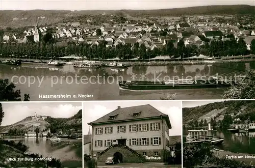 AK / Ansichtskarte Hassmersheim Panorama Burg Hornberg Rathaus Partie am Neckar Kat. Hassmersheim