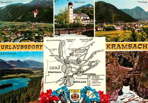 AK / Ansichtskarte Kramsach und Umgebung Mariatal Kirche Voldoepp Tiefenbachklamm Reintalersee Sessellift Alpenpanorama Landkarte Kat. Kramsach