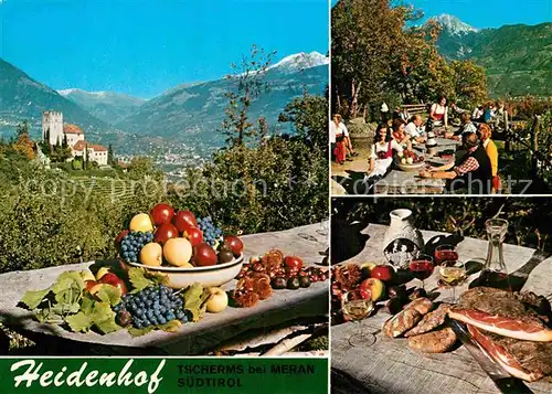 AK / Ansichtskarte Tscherms Gasthaus Buschenschank Heidenhof Terrasse Schloss Tirol Alpenpanorama Kat. Meran Suedtirol