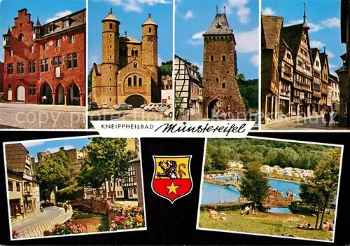 AK / Ansichtskarte Muenstereifel Bad Rathaus Stiftskirche Werthertor Windeckhaus Burg mit Erft Schwimmbad Camping Kat. Bad Muenstereifel