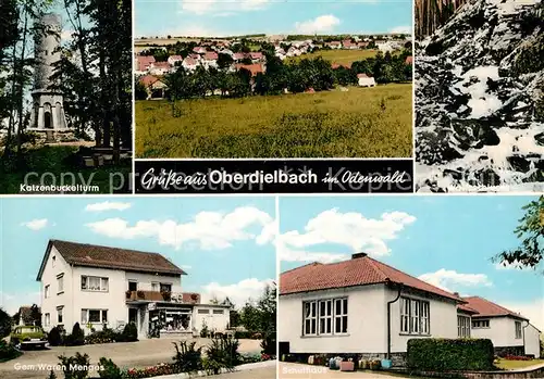 AK / Ansichtskarte Oberdielbach Katzenbuckelturm Schulhaus Gemischtwarenhaus Menges Kat. Waldbrunn