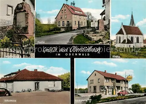 AK / Ansichtskarte Oberdielbach Gedenkstein Schulhaus Tankstelle Kirche Partie Kat. Waldbrunn