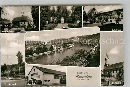 AK / Ansichtskarte Hassmersheim Schulhaus Katholische Kirche Schiffermast Sporthalle Evangelische Kirche Kat. Hassmersheim