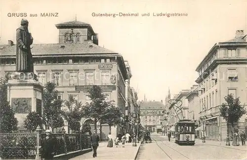 AK / Ansichtskarte Strassenbahn Mainz Gutenberg Denkmal Ludwigstrasse Kat. Strassenbahn