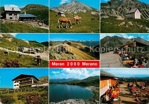 AK / Ansichtskarte Meran Merano und umliegende Bergwelt Almen Bergsee Berghotel Restaurant Terrasse Pferde Kuehe