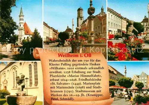 AK / Ansichtskarte Weilheim Oberbayern Kirche Marktplatz Brunnen Strassencafe Geschichte Kat. Weilheim i.OB