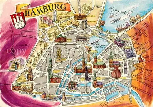 AK / Ansichtskarte Hamburg Stadtzentrum Stadtplan Binnenalster Aussenalster Sehenswuerdigkeiten Kat. Hamburg