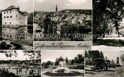 AK / Ansichtskarte Bad Rappenau Wasserschloss Sanatorium Freibad Brunnen Wasserrad Baumallee Ortsansicht mit Kirche Bromsilber Kat. Bad Rappenau