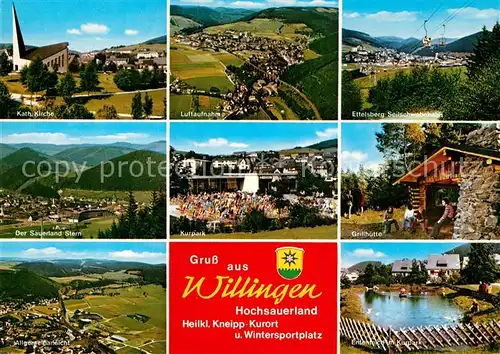 AK / Ansichtskarte Willingen Sauerland Kath Kirche Fliegeraufnahme Ettelsberg Seilschwebebahn Sauerlandstern Kurpark Grillhuette Fliegeraufnahme Ententeich Kat. Willingen (Upland)