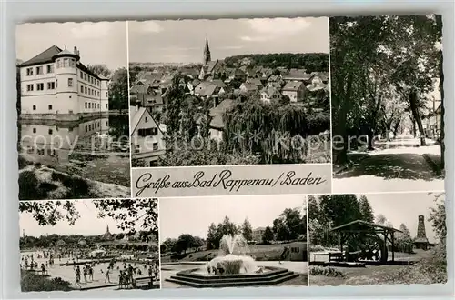 AK / Ansichtskarte Bad Rappenau Schlosskurheim Wasserschloss Stadtbild mit Kirche Baumallee Freibad Sprudelbrunnen Wasserrad Bromsilber Kat. Bad Rappenau