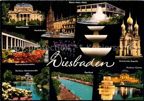 AK / Ansichtskarte Wiesbaden Staatstheater Griechische Kapelle Kurhaus Casino Rhein Main Halle Opelbad  Kat. Wiesbaden