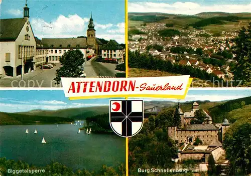 AK / Ansichtskarte Attendorn Rathaus Panorama Biggetalsperre Burg Schnellenber Kat. Attendorn