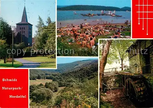 AK / Ansichtskarte Schmidt Nideggen Kirche Strandpartie Panorama Wasserrad