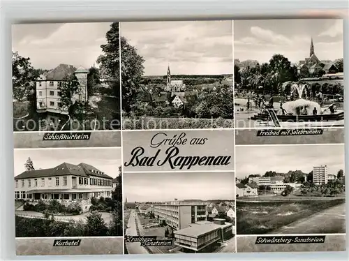 AK / Ansichtskarte Bad Rappenau Schlosskurheim Wasserschloss Kurhotel Freibad Solebrunnen Schwaerzberg Sanatorium Kraichgau Sanatorium Bromsilber Kat. Bad Rappenau
