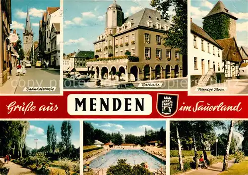 AK / Ansichtskarte Menden Sauerland Bahnhofstrasse Rathaus Turm Park Promenade Freibad Kat. Menden (Sauerland)