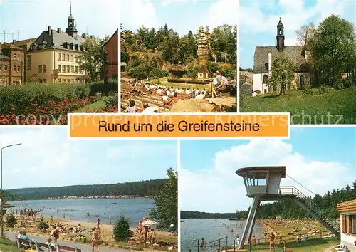 AK / Ansichtskarte Ehrenfriedersdorf Erzgebirge Rund um die Greifensteine Freibad Naturtheater Wehrkirche Greifenbachstauweiher Kat. Ehrenfriedersdorf