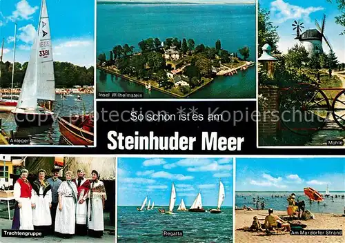 AK / Ansichtskarte Steinhuder Meer Fliegeraufnahme Insel Wilhelmstein Anleger Trachtengruppe Regatte Mardorfer Strand M?hle Kat. Wunstorf
