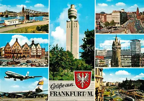 AK / Ansichtskarte Frankfurt Main Mainpartie am Eisernen Steg Roeme Flughafen Rhein Main City Eschenheimer Tor Hauptbahnhof Henninger Turm Kat. Frankfurt am Main