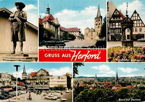 AK / Ansichtskarte Herford Linnenweber Denkmal Alter Markt Rathaus Muensterkirche Neustaedter Brunnen Kat. Herford