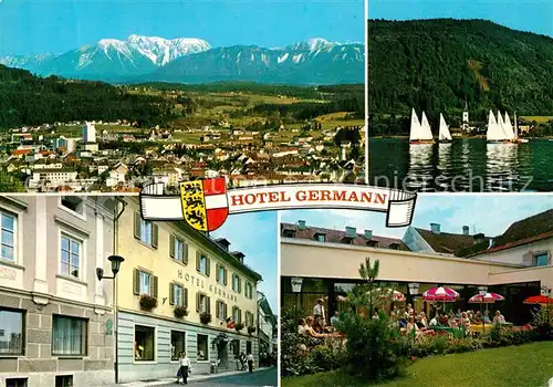 AK / Ansichtskarte Feldkirchen Kaernten Stadtpanorama Karawanken Alpen Hotel Germann Strandbad Segeln Ossiachersee Gastgarten Kat. Feldkirchen in Kaernten