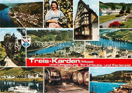 AK / Ansichtskarte Treis Karden und Umgebung Moseltal Weinlese Fachwerkhaus Weinkeller Freibad Kat. Treis Karden