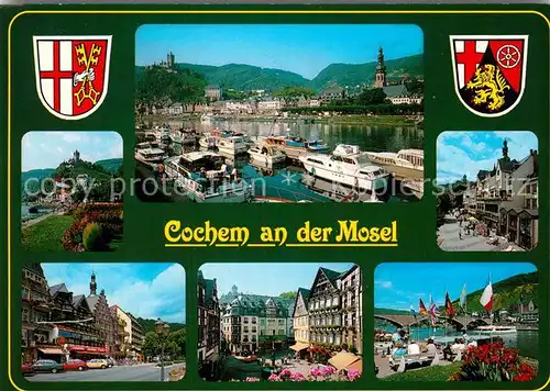 AK / Ansichtskarte Cochem Mosel Blick ueber die Mosel zur Reichsburg Hafen Marktplatz Uferpromenade Wappen Kat. Cochem