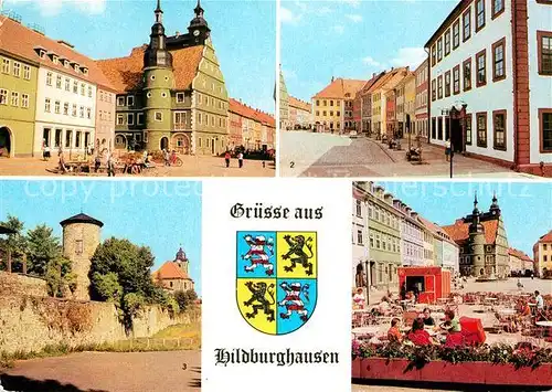 AK / Ansichtskarte Hildburghausen Rathaus Marx Engels Platz Stadtmauer Boulevard Cafe Wappen Kat. Hildburghausen