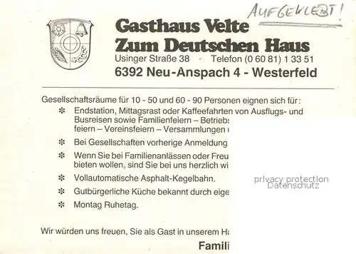 AK / Ansichtskarte Westerfeld Taunus Gasthaus Velte Zum Deutschen Haus Kat. Neu Anspach