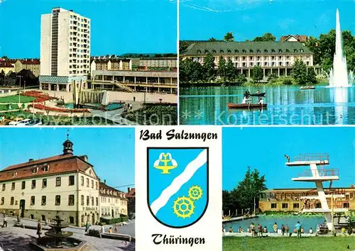 AK / Ansichtskarte Bad Salzungen Leninplatz Kurhaus am Burgsee Rathaus Markt Schwimmbad Wappen Kat. Bad Salzungen