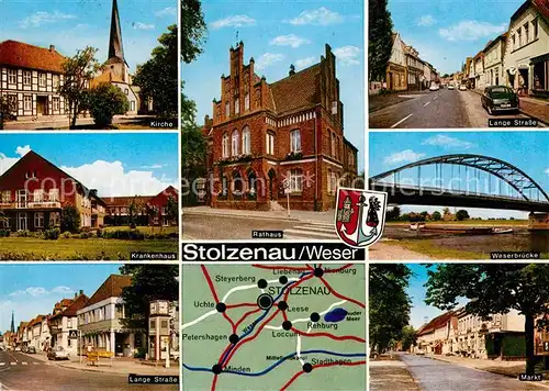 AK / Ansichtskarte Stolzenau Weser Kirche Krankenhaus Lange Strasse Rathaus Weserbruecke Markt Kat. Stolzenau