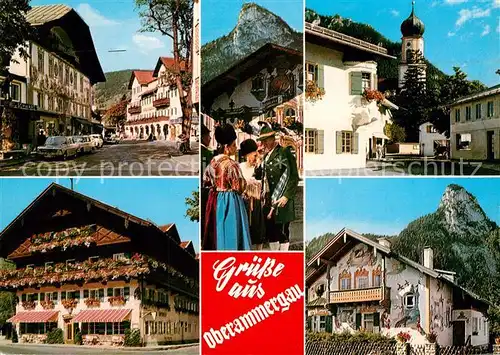 AK / Ansichtskarte Oberammergau Teilansichten Passionsspieldorf Trachten Blumenschmuck Kirchturm Kat. Oberammergau