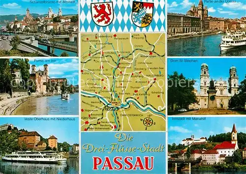 AK / Ansichtskarte Passau Schanzelbruecke Altstadt Inn Veste Oberhaus Niederhaus Dampfer Donau Dom St Stephan Kloster Mariahilf Kat. Passau
