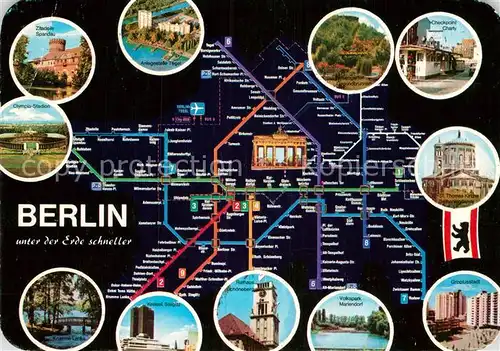 AK / Ansichtskarte U Bahn Subway Underground Metro Berlin Olympia Stadion Gropiusstadt Checkpoint Charlie